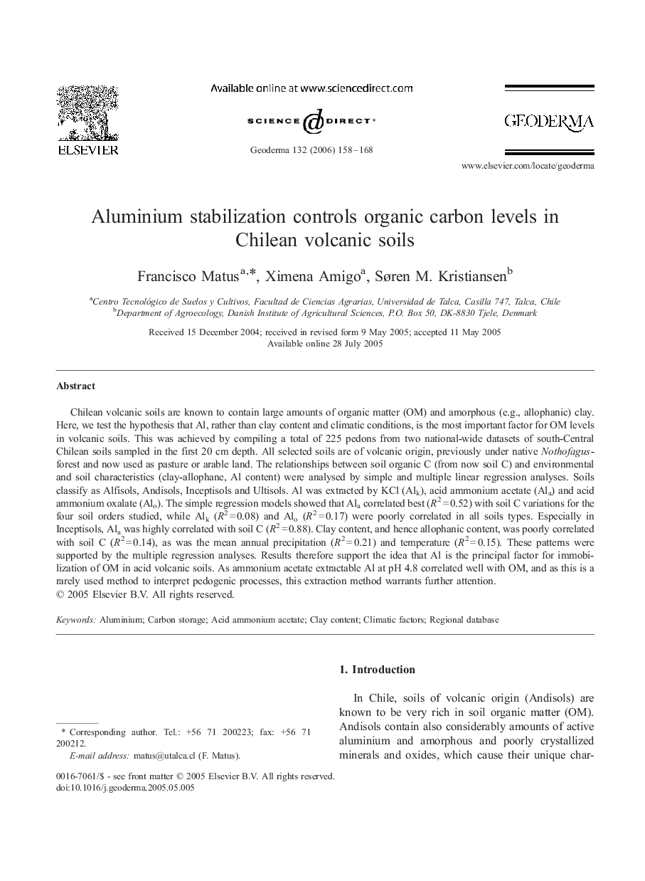 Aluminium stabilization controls organic carbon levels in Chilean volcanic soils