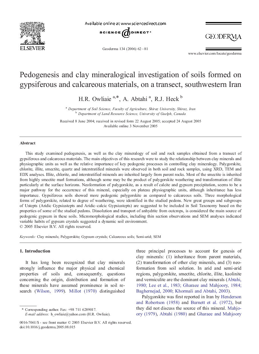 Pedogenesis and clay mineralogical investigation of soils formed on gypsiferous and calcareous materials, on a transect, southwestern Iran