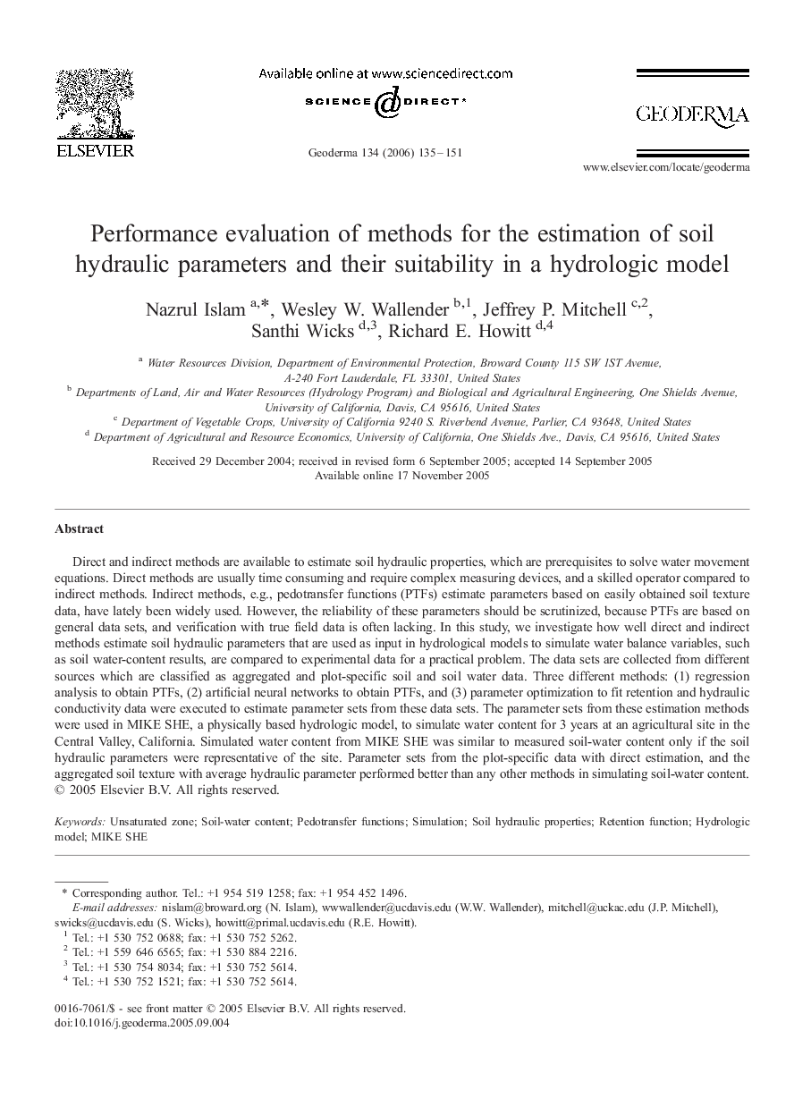 Performance evaluation of methods for the estimation of soil hydraulic parameters and their suitability in a hydrologic model