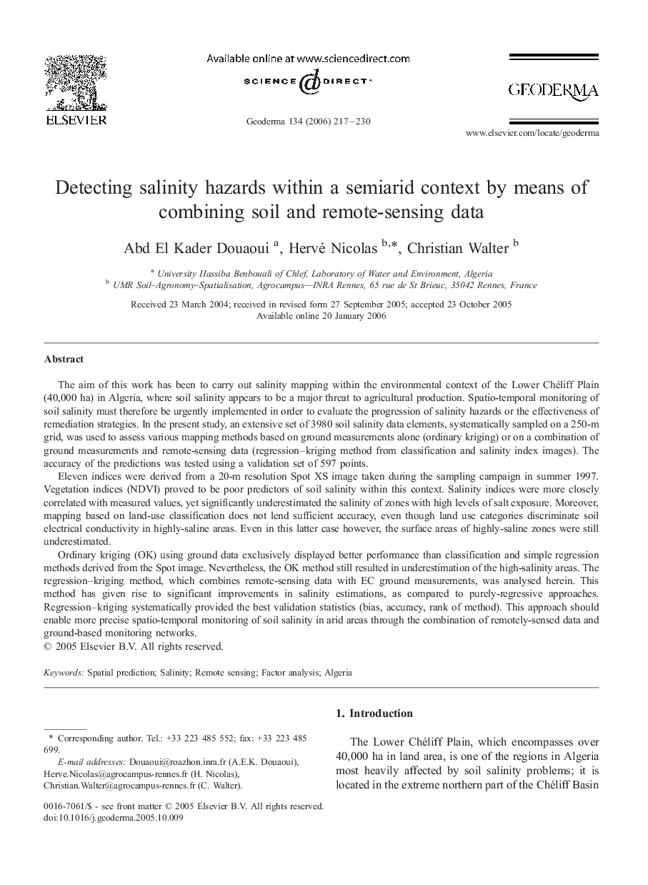 Detecting salinity hazards within a semiarid context by means of combining soil and remote-sensing data