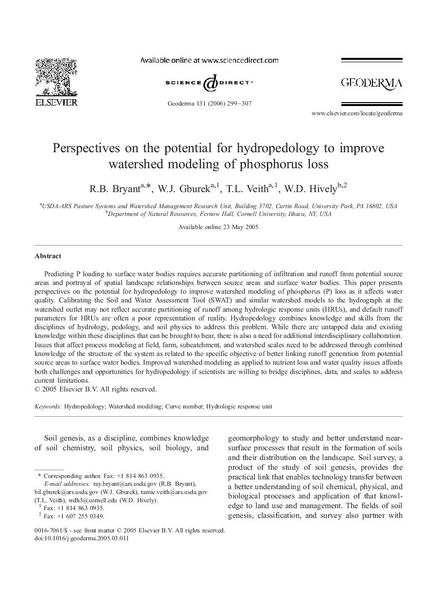 Perspectives on the potential for hydropedology to improve watershed modeling of phosphorus loss