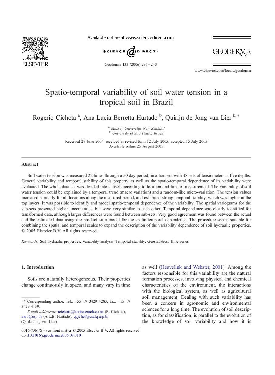 Spatio-temporal variability of soil water tension in a tropical soil in Brazil