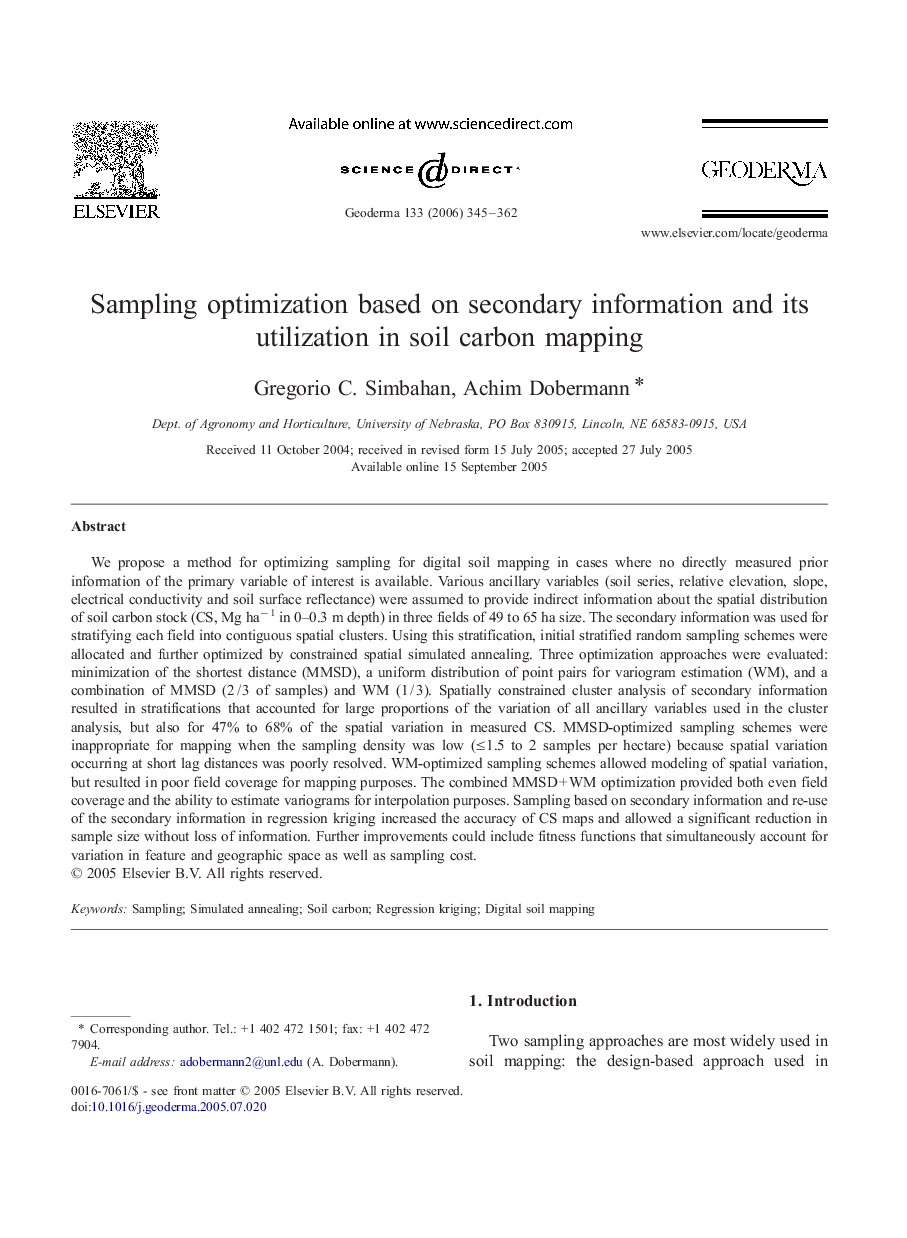 Sampling optimization based on secondary information and its utilization in soil carbon mapping