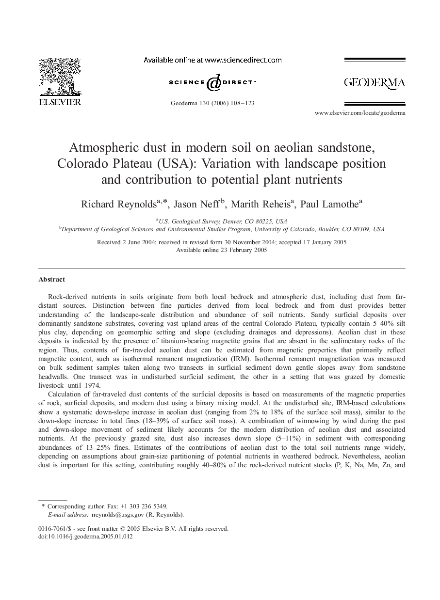 Atmospheric dust in modern soil on aeolian sandstone, Colorado Plateau (USA): Variation with landscape position and contribution to potential plant nutrients