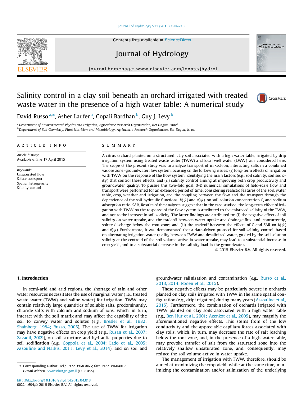 Salinity control in a clay soil beneath an orchard irrigated with treated waste water in the presence of a high water table: A numerical study