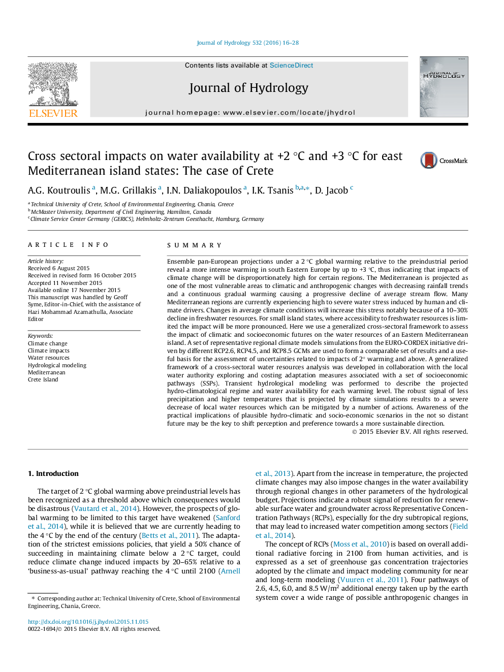 Cross sectoral impacts on water availability at +2 °C and +3 °C for east Mediterranean island states: The case of Crete