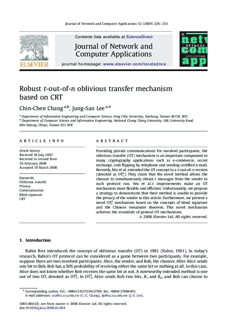Robust t-out-of-n oblivious transfer mechanism based on CRT