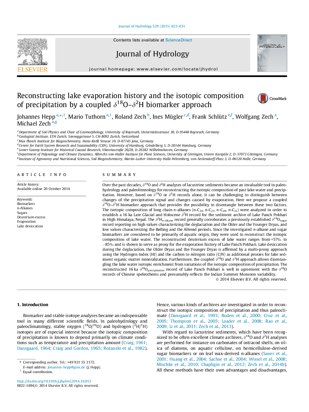 Reconstructing lake evaporation history and the isotopic composition of precipitation by a coupled δ18O–δ2H biomarker approach