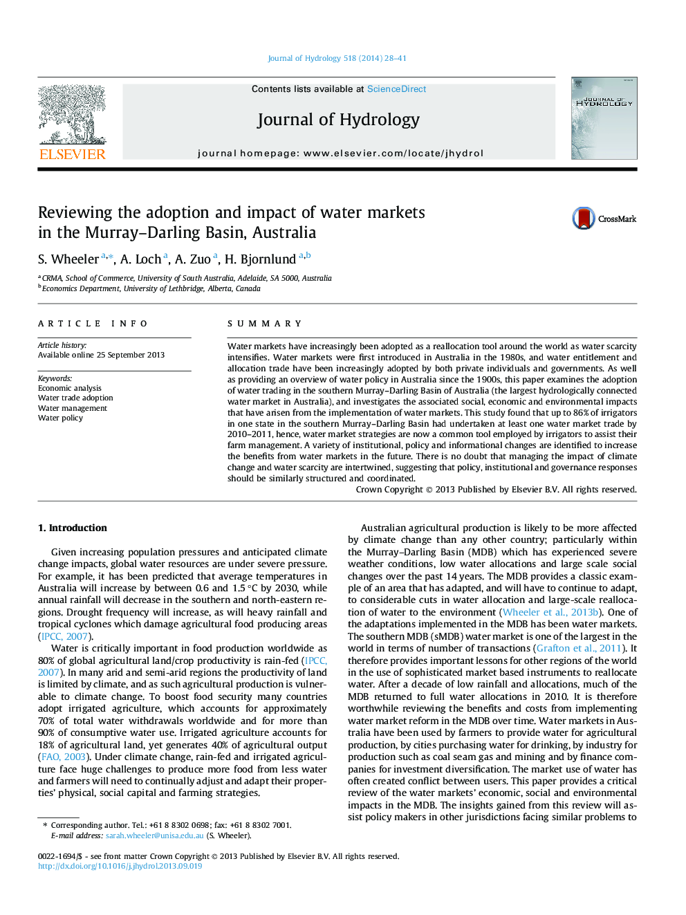 Reviewing the adoption and impact of water markets in the Murray–Darling Basin, Australia