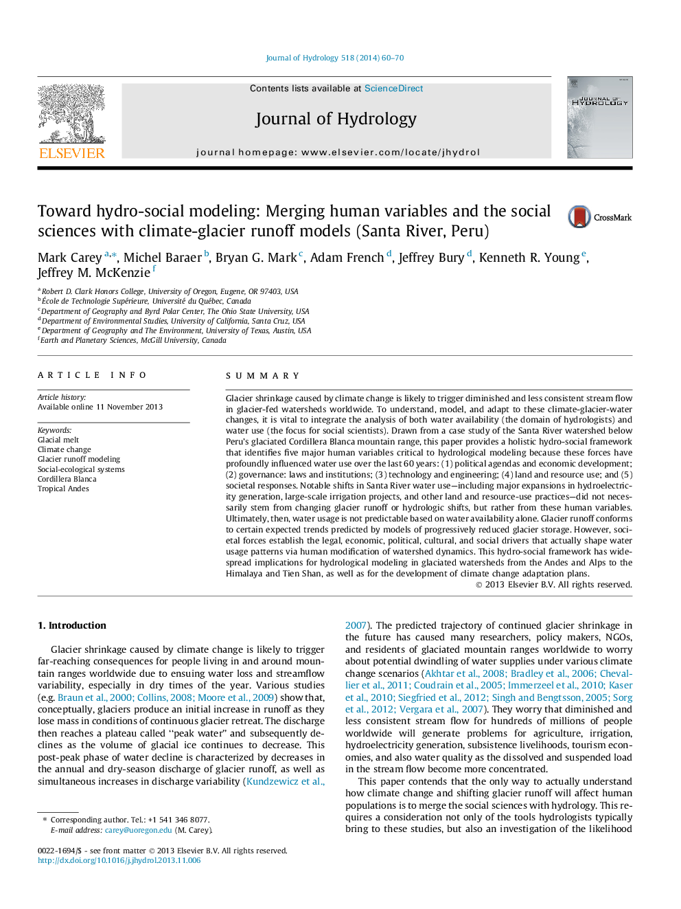 Toward hydro-social modeling: Merging human variables and the social sciences with climate-glacier runoff models (Santa River, Peru)