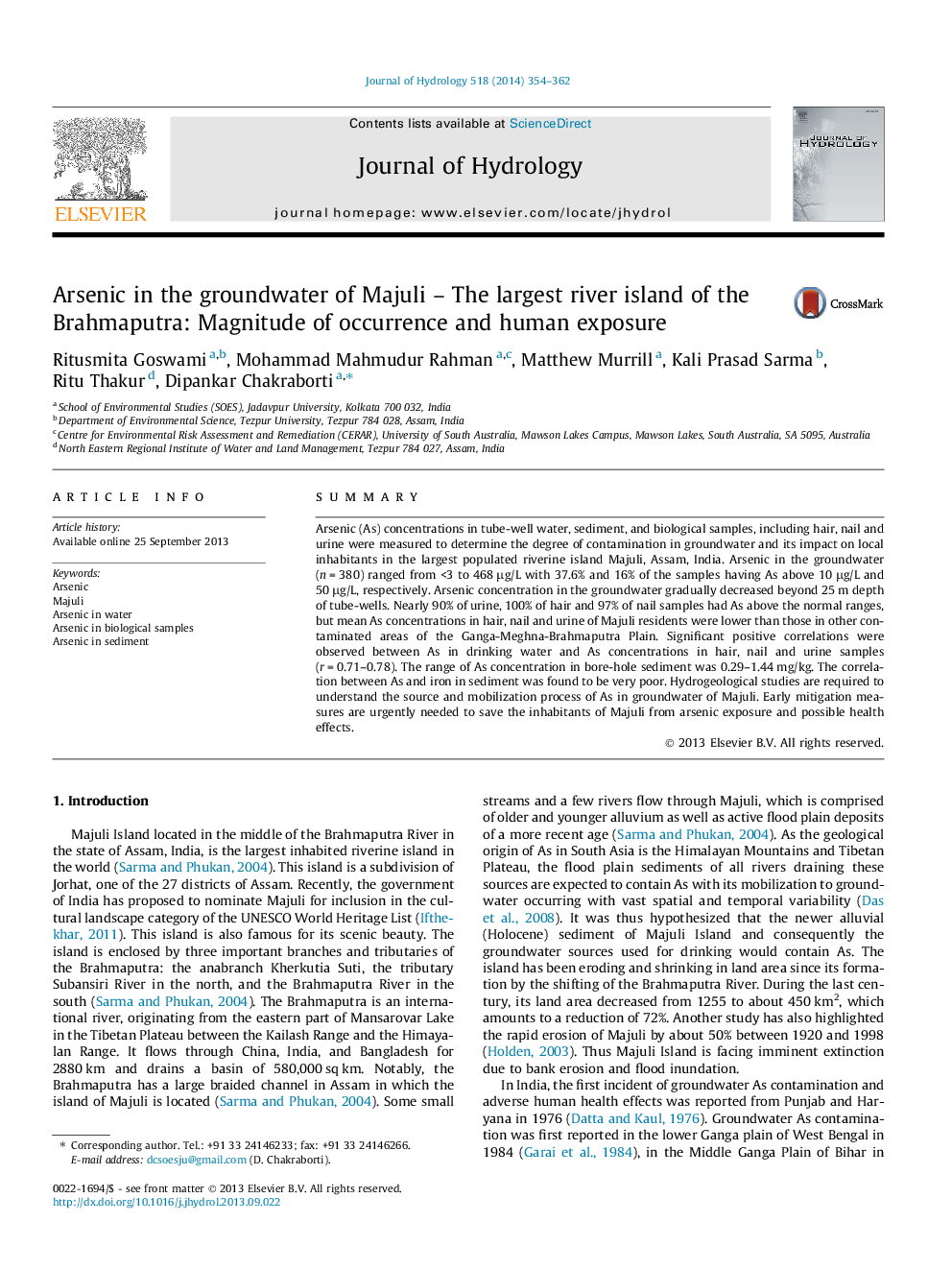 Arsenic in the groundwater of Majuli – The largest river island of the Brahmaputra: Magnitude of occurrence and human exposure