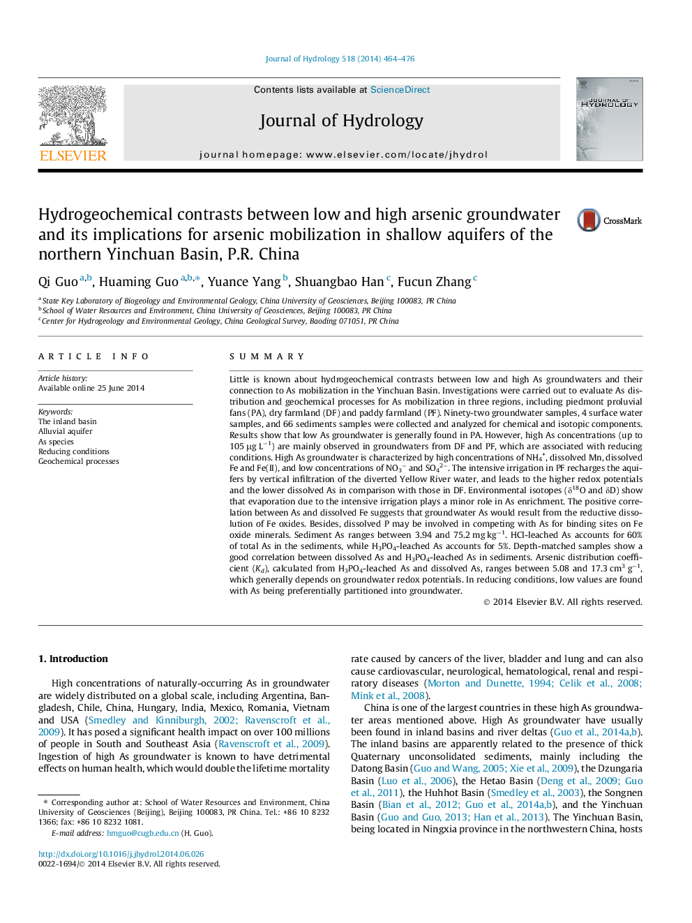 Hydrogeochemical contrasts between low and high arsenic groundwater and its implications for arsenic mobilization in shallow aquifers of the northern Yinchuan Basin, P.R. China