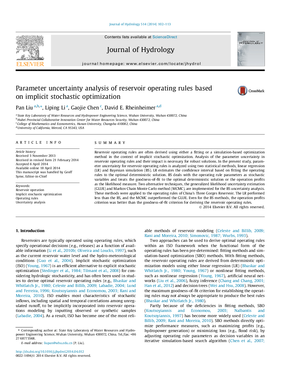 Parameter uncertainty analysis of reservoir operating rules based on implicit stochastic optimization