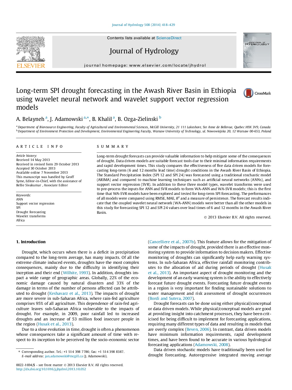 عکس صفحه اول مقاله: Long-term SPI drought forecasting in the Awash River Basin in Ethiopia using wavelet neural network and wavelet support vector regression models Long-term SPI drought forecasting in the Awash River Basin in Ethiopia using wavelet neural network and wavelet support vector regression models