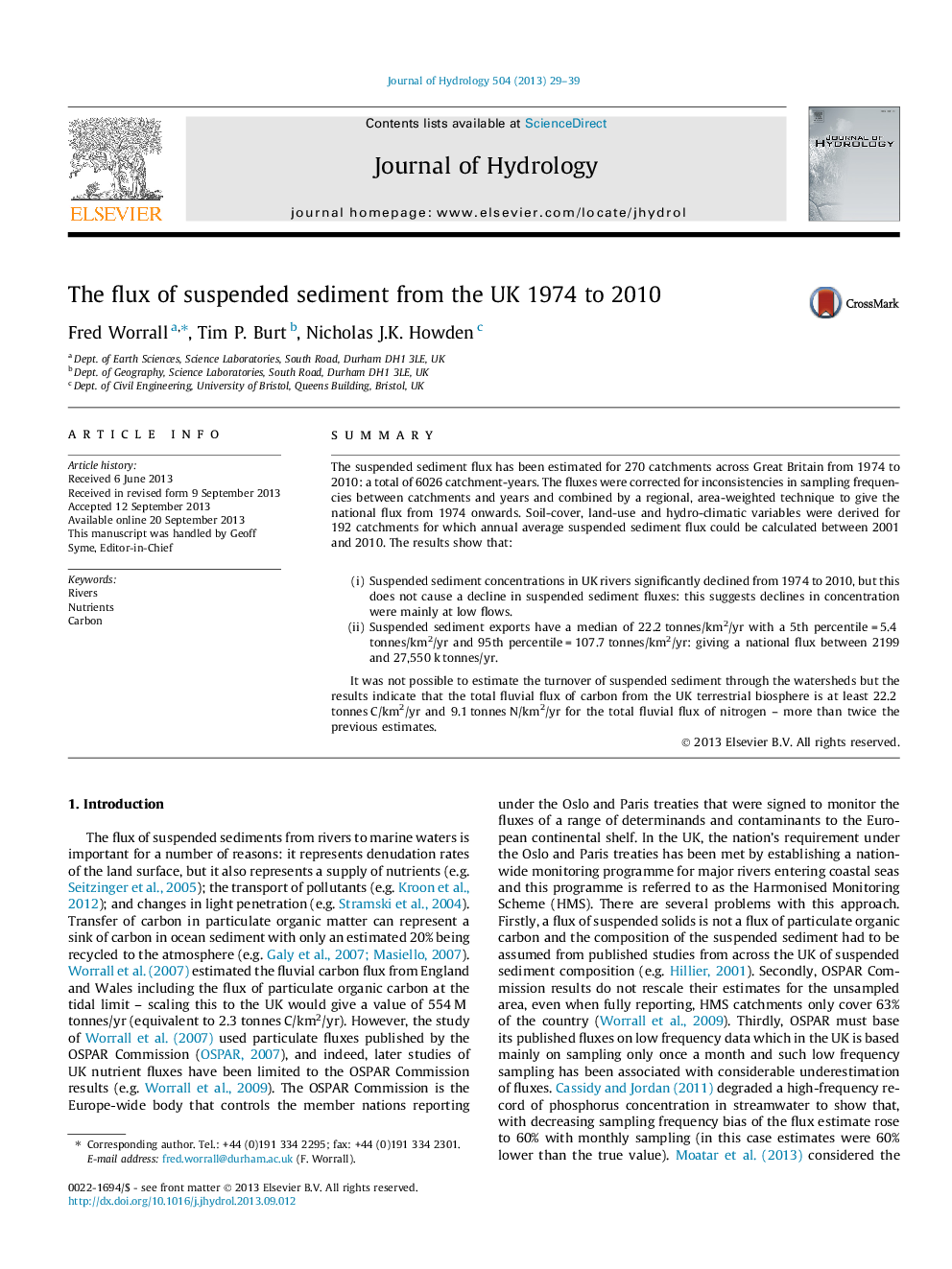 The flux of suspended sediment from the UK 1974 to 2010