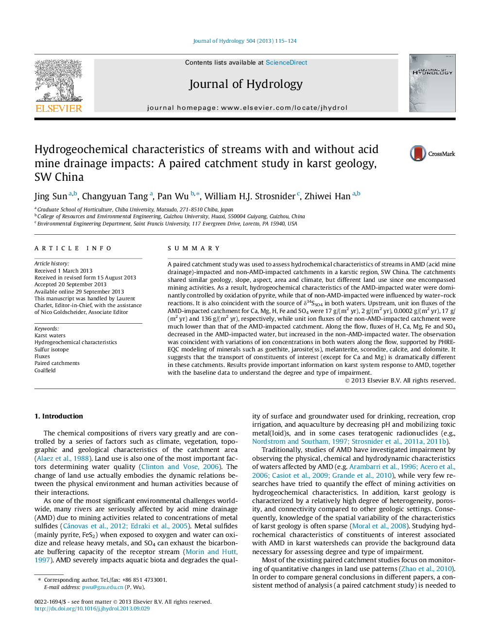 Hydrogeochemical characteristics of streams with and without acid mine drainage impacts: A paired catchment study in karst geology, SW China