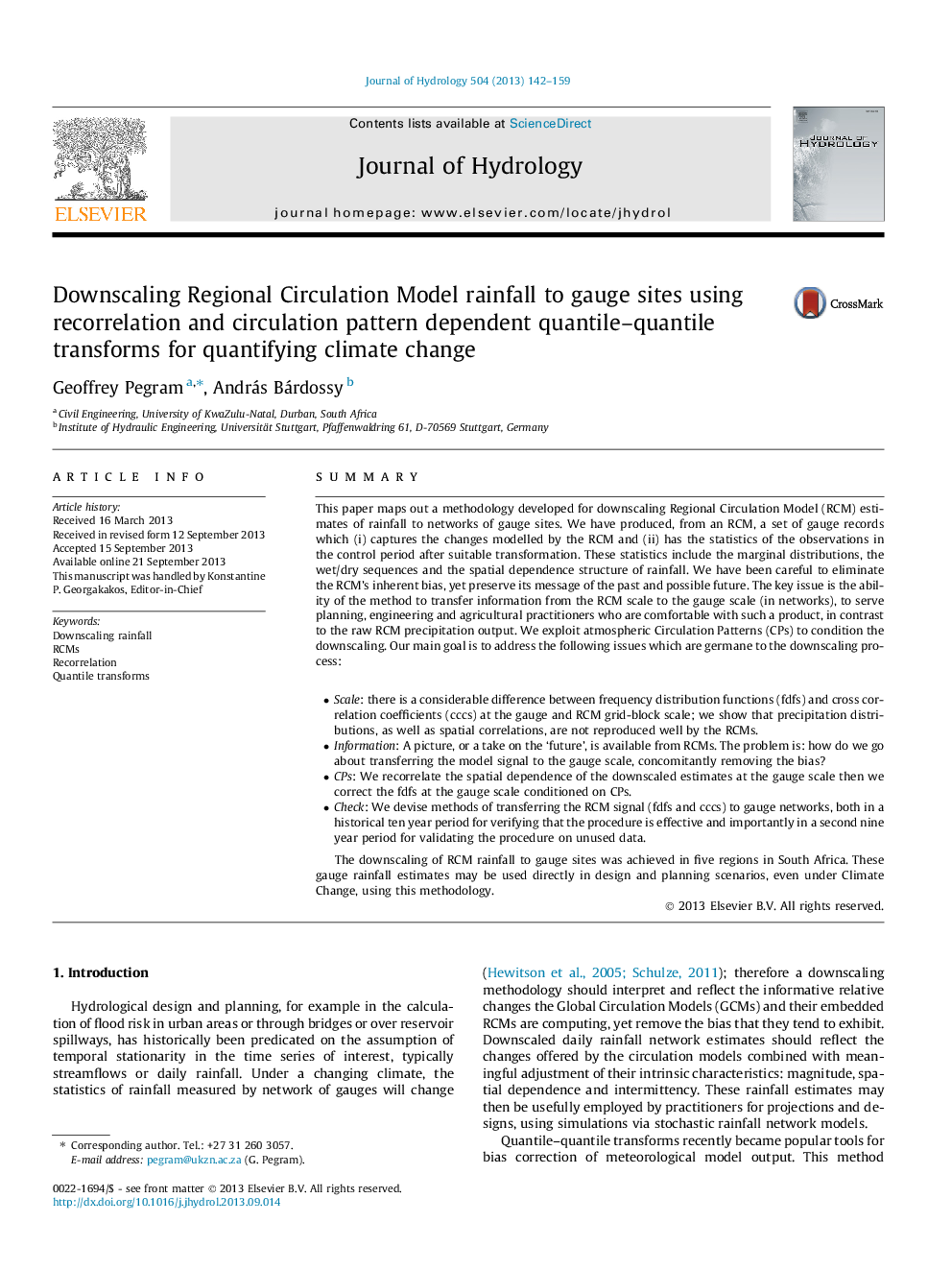 Downscaling Regional Circulation Model rainfall to gauge sites using recorrelation and circulation pattern dependent quantile–quantile transforms for quantifying climate change