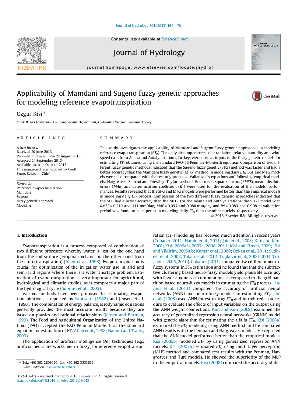 Applicability of Mamdani and Sugeno fuzzy genetic approaches for modeling reference evapotranspiration