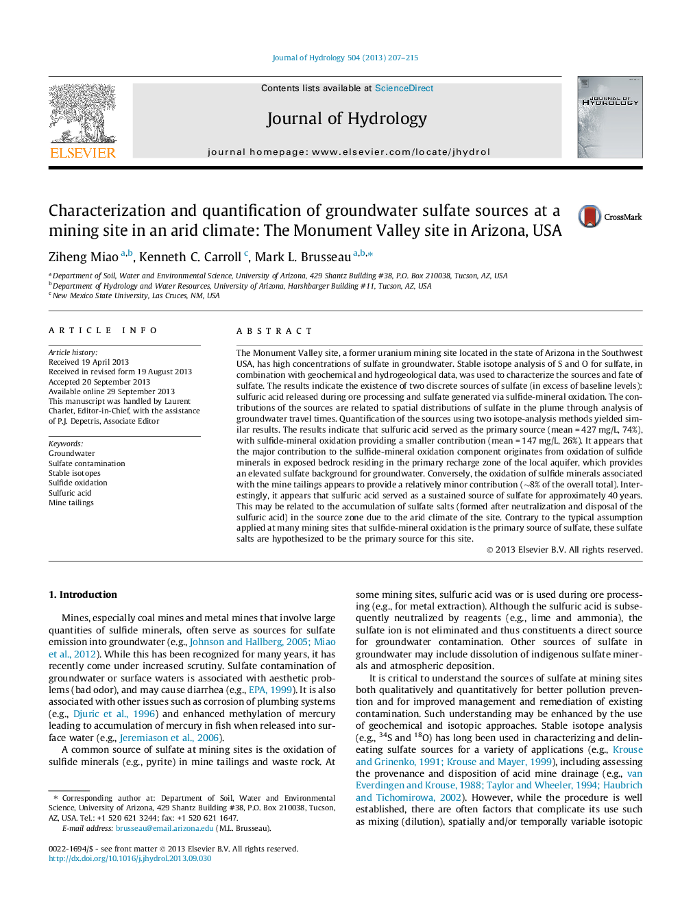 Characterization and quantification of groundwater sulfate sources at a mining site in an arid climate: The Monument Valley site in Arizona, USA