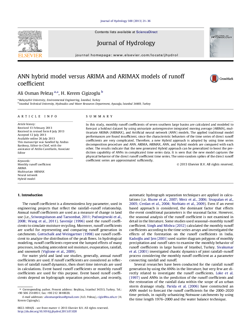 ANN hybrid model versus ARIMA and ARIMAX models of runoff coefficient