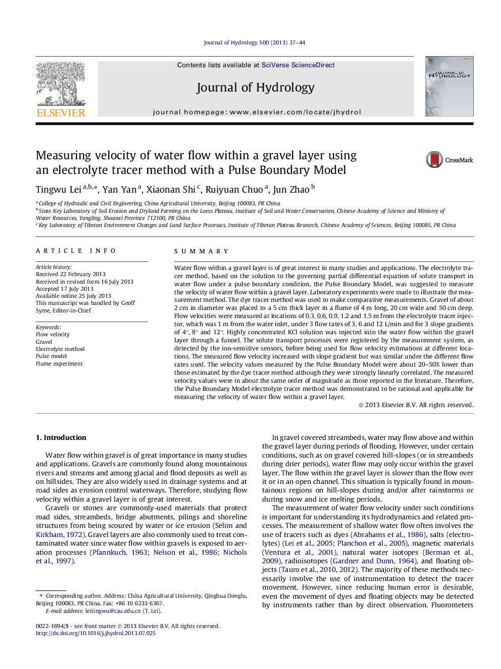 Measuring velocity of water flow within a gravel layer using an electrolyte tracer method with a Pulse Boundary Model