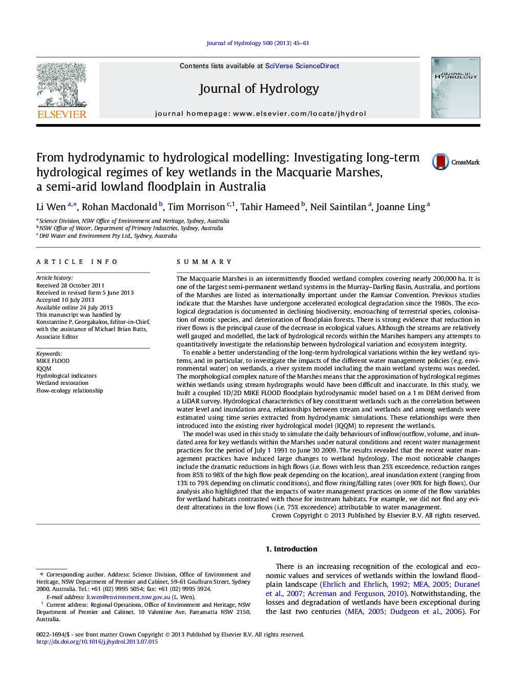 From hydrodynamic to hydrological modelling: Investigating long-term hydrological regimes of key wetlands in the Macquarie Marshes, a semi-arid lowland floodplain in Australia