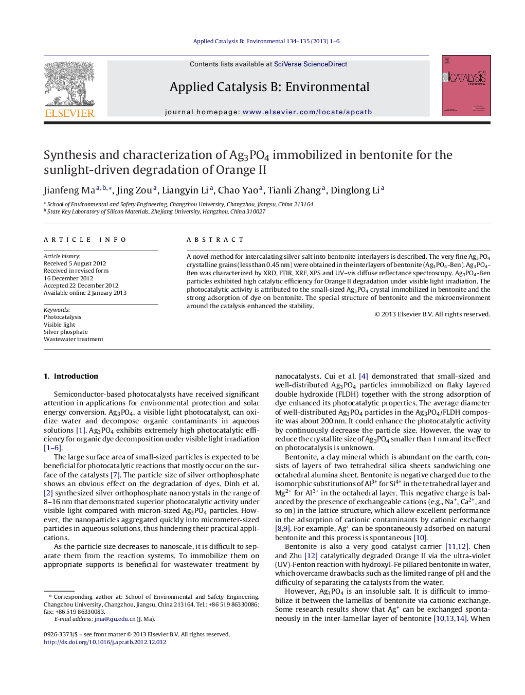 Synthesis and characterization of Ag3PO4 immobilized in bentonite for the sunlight-driven degradation of Orange II