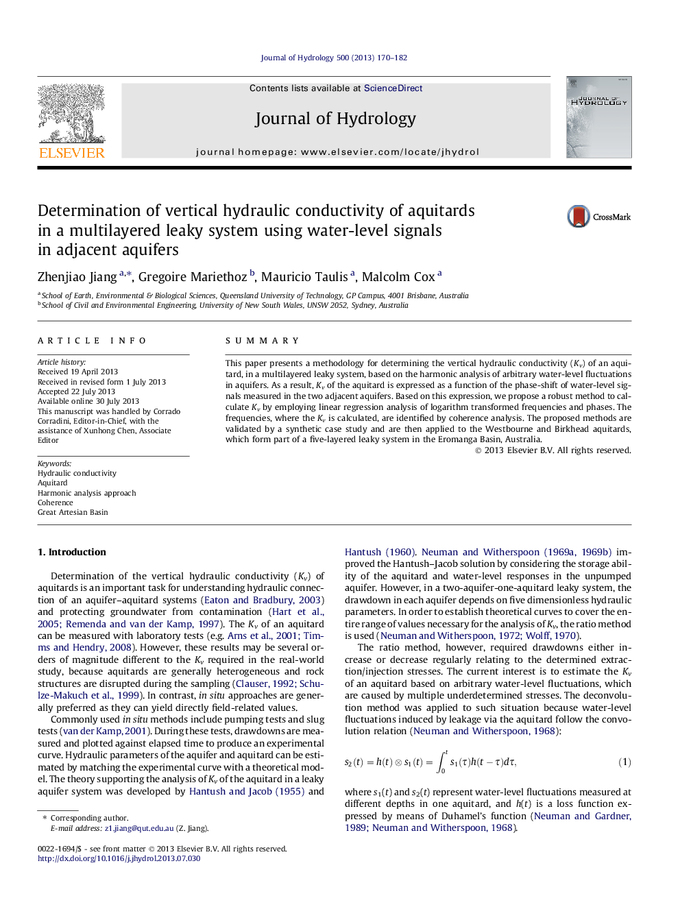 Determination of vertical hydraulic conductivity of aquitards in a multilayered leaky system using water-level signals in adjacent aquifers