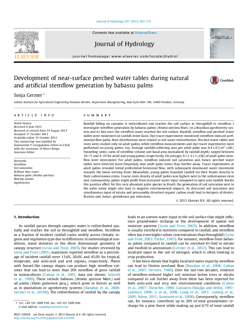 Development of near-surface perched water tables during natural and artificial stemflow generation by babassu palms