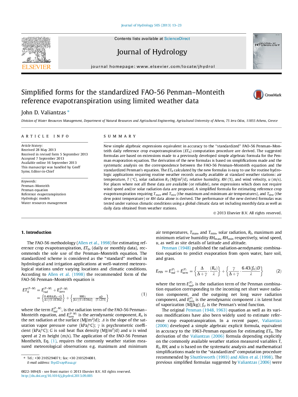 Simplified forms for the standardized FAO-56 Penman–Monteith reference evapotranspiration using limited weather data