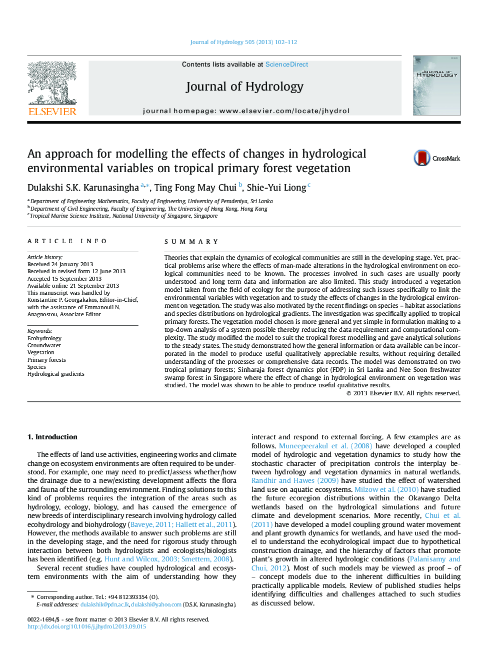 An approach for modelling the effects of changes in hydrological environmental variables on tropical primary forest vegetation