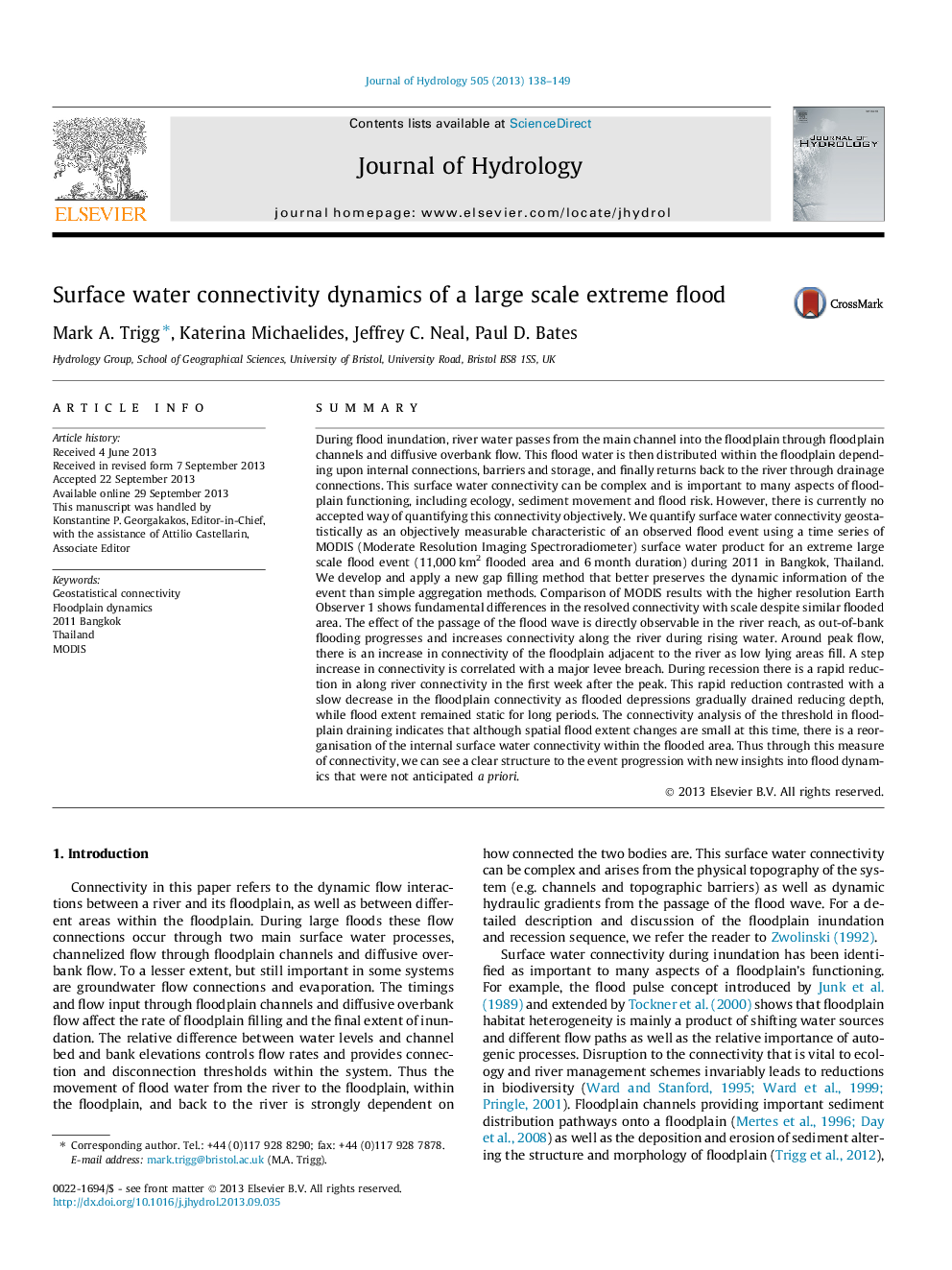 Surface water connectivity dynamics of a large scale extreme flood