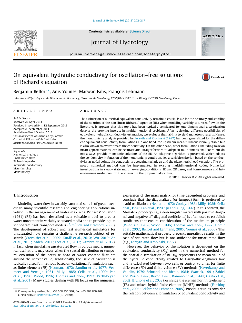 On equivalent hydraulic conductivity for oscillation–free solutions of Richard’s equation