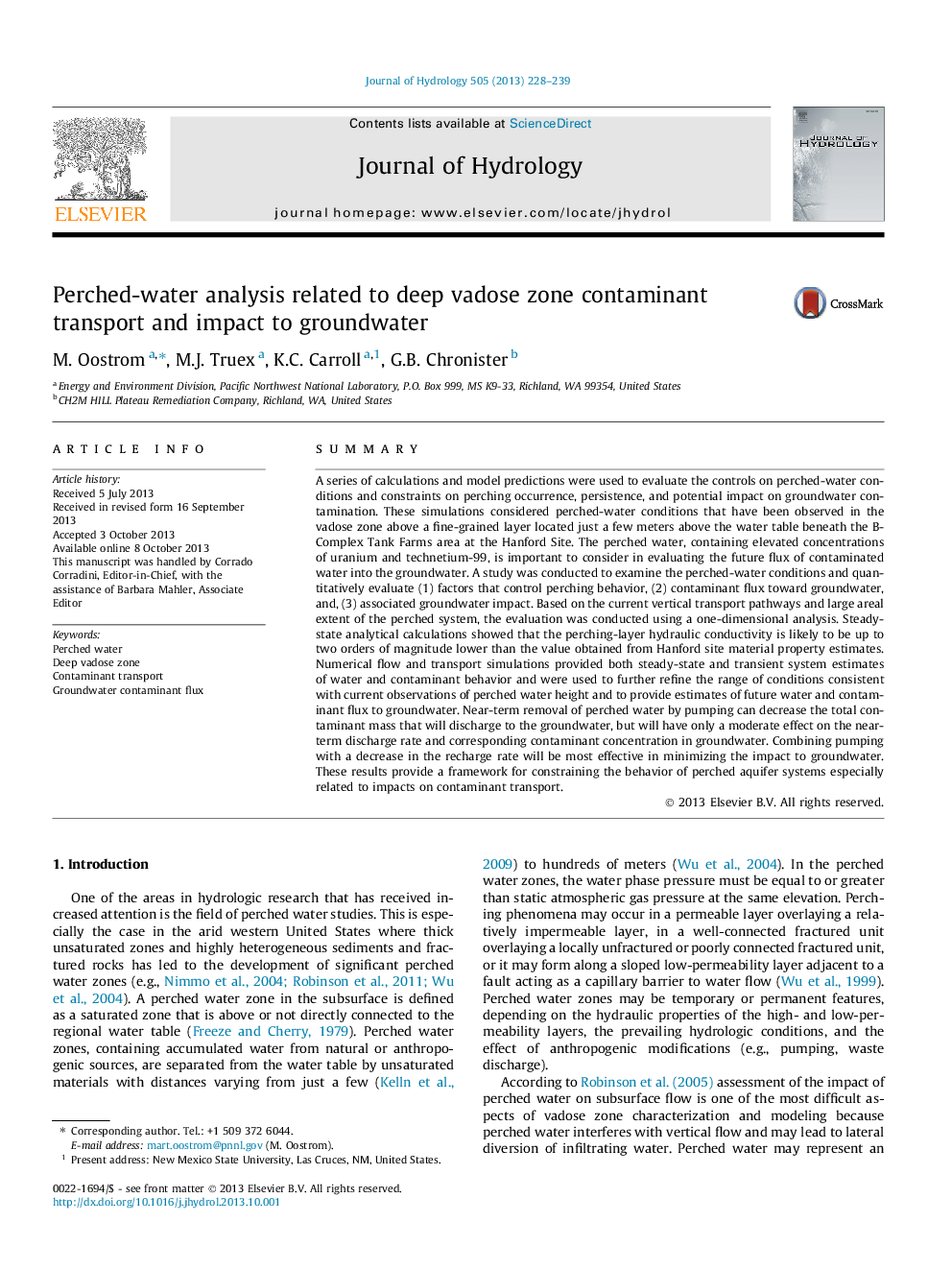 Perched-water analysis related to deep vadose zone contaminant transport and impact to groundwater