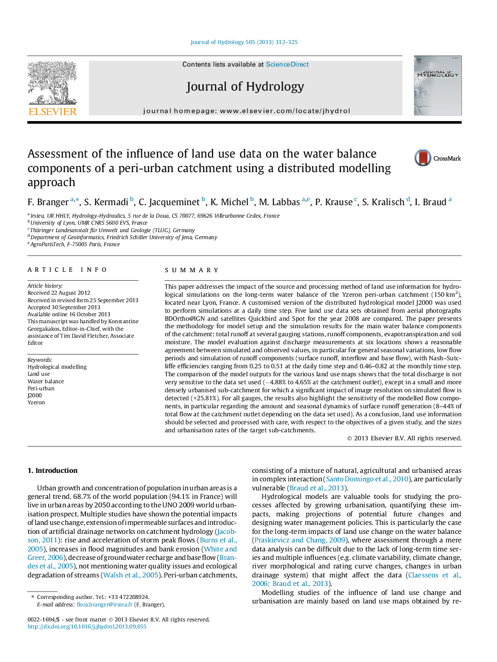 Assessment of the influence of land use data on the water balance components of a peri-urban catchment using a distributed modelling approach