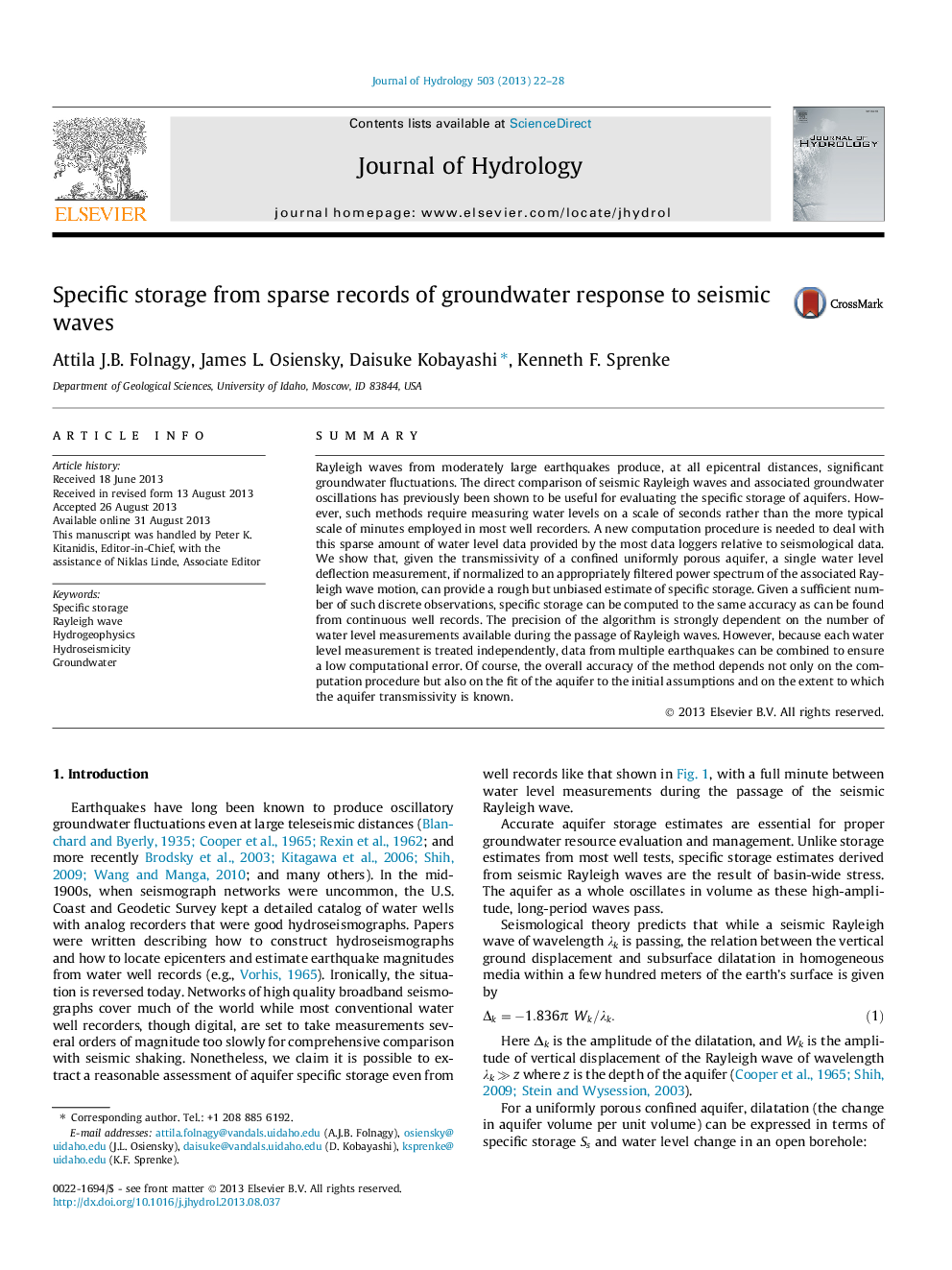 Specific storage from sparse records of groundwater response to seismic waves