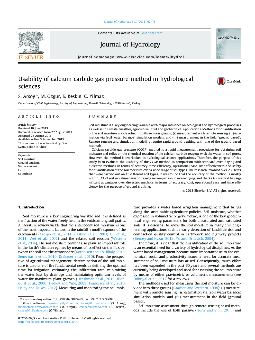 Usability of calcium carbide gas pressure method in hydrological sciences