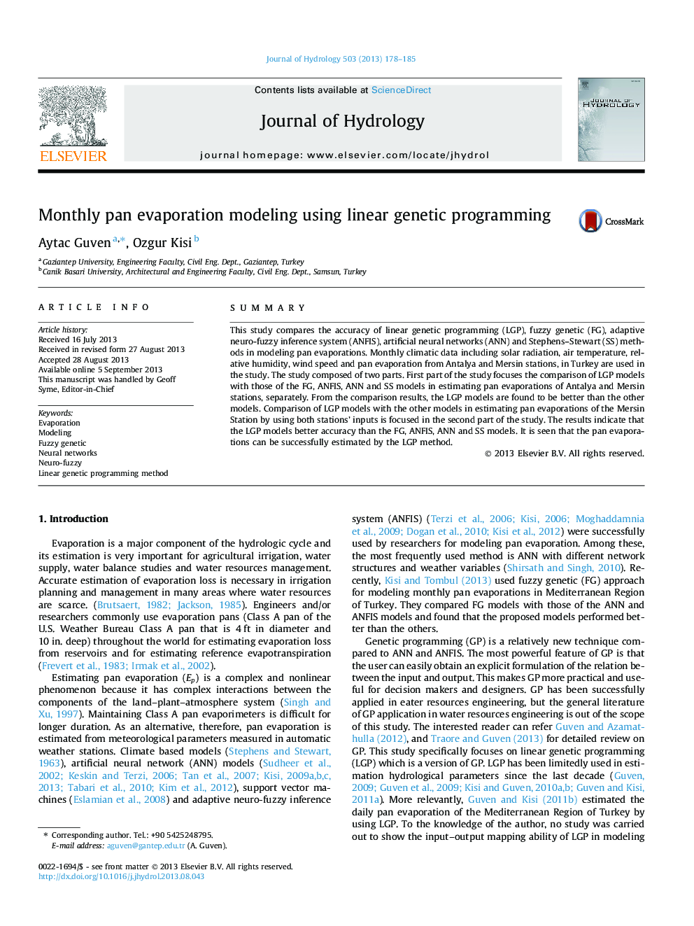 Monthly pan evaporation modeling using linear genetic programming