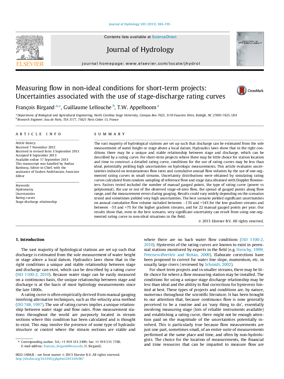 Measuring flow in non-ideal conditions for short-term projects: Uncertainties associated with the use of stage-discharge rating curves