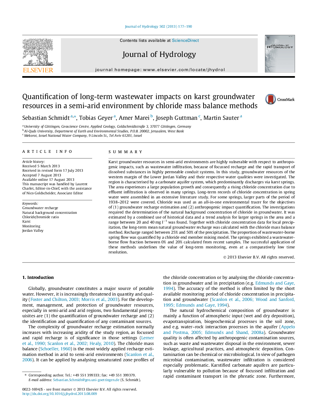 Quantification of long-term wastewater impacts on karst groundwater resources in a semi-arid environment by chloride mass balance methods