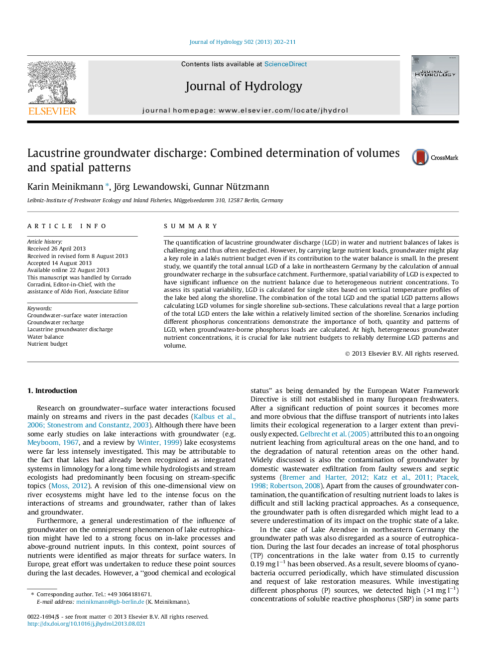 Lacustrine groundwater discharge: Combined determination of volumes and spatial patterns