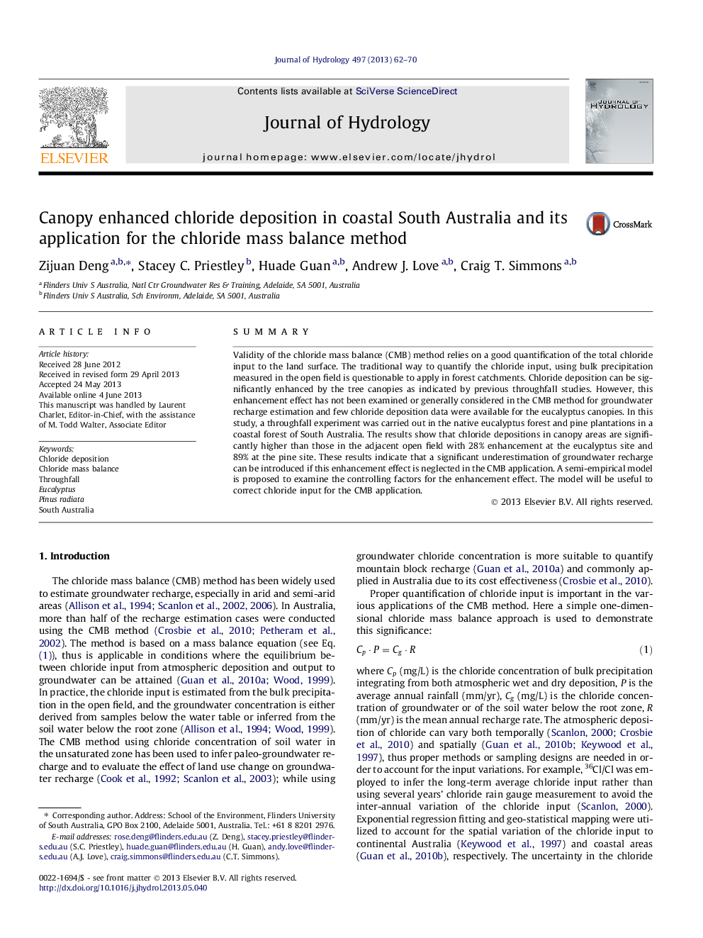 Canopy enhanced chloride deposition in coastal South Australia and its application for the chloride mass balance method