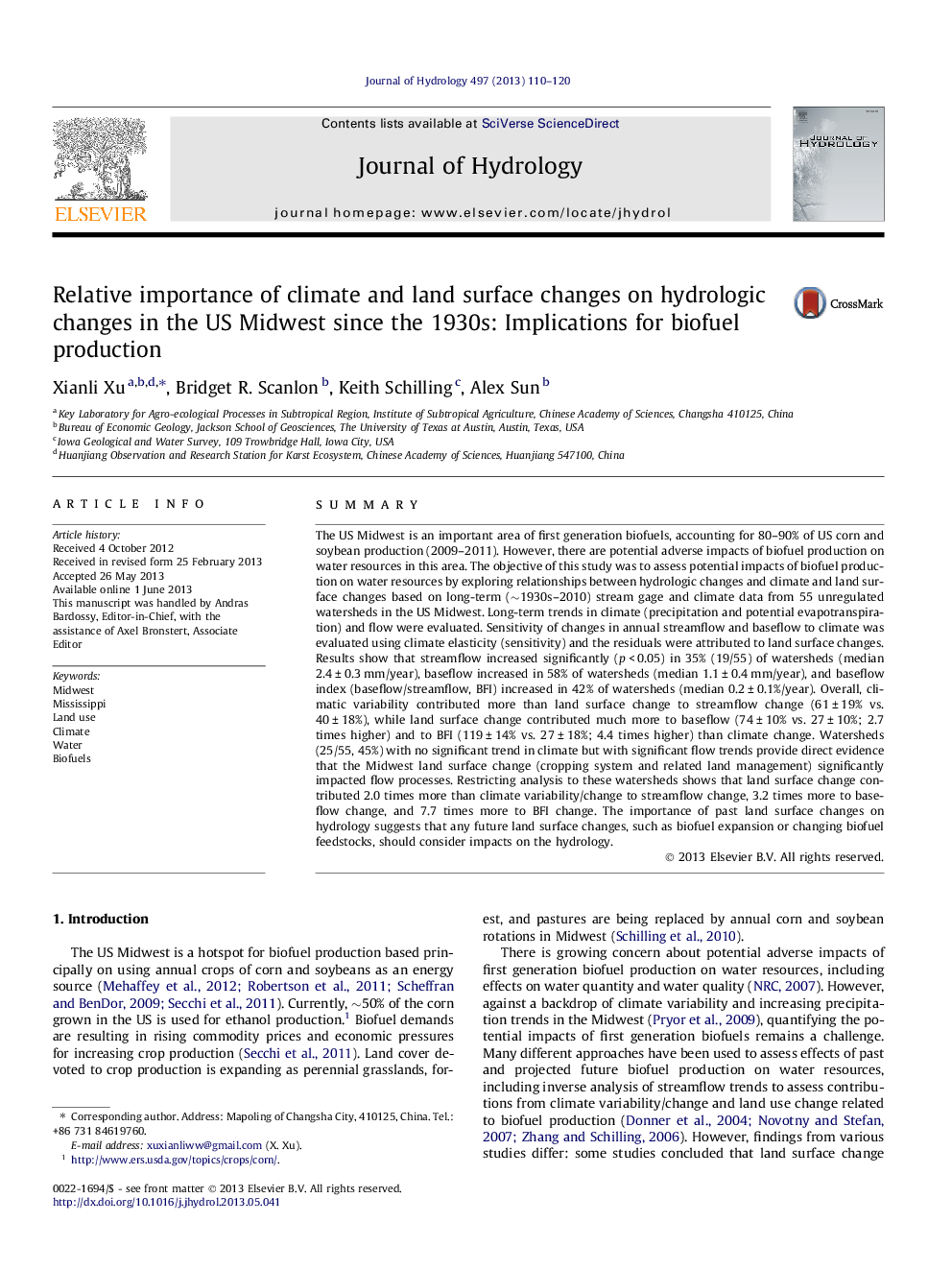 Relative importance of climate and land surface changes on hydrologic changes in the US Midwest since the 1930s: Implications for biofuel production