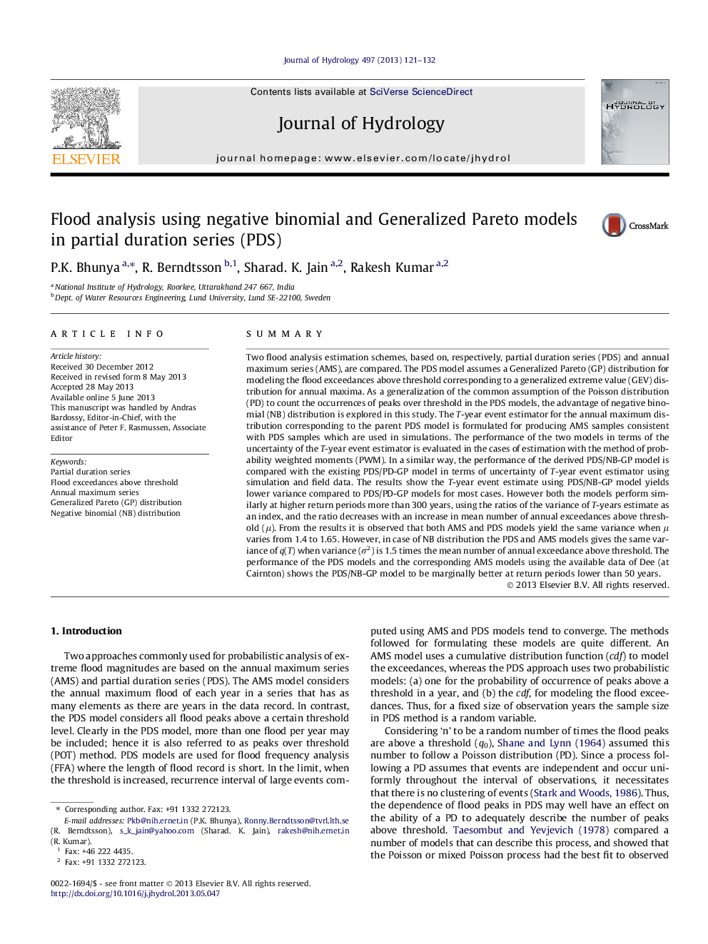 Flood analysis using negative binomial and Generalized Pareto models in partial duration series (PDS)