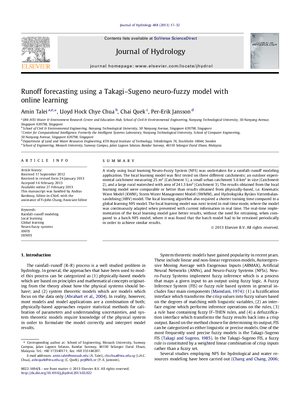 Runoff forecasting using a Takagi–Sugeno neuro-fuzzy model with online learning