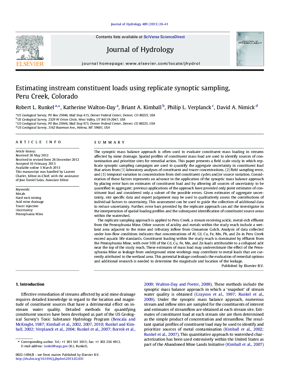 Estimating instream constituent loads using replicate synoptic sampling, Peru Creek, Colorado