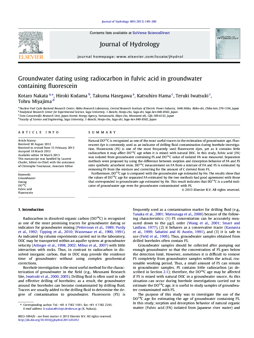 Groundwater dating using radiocarbon in fulvic acid in groundwater containing fluorescein