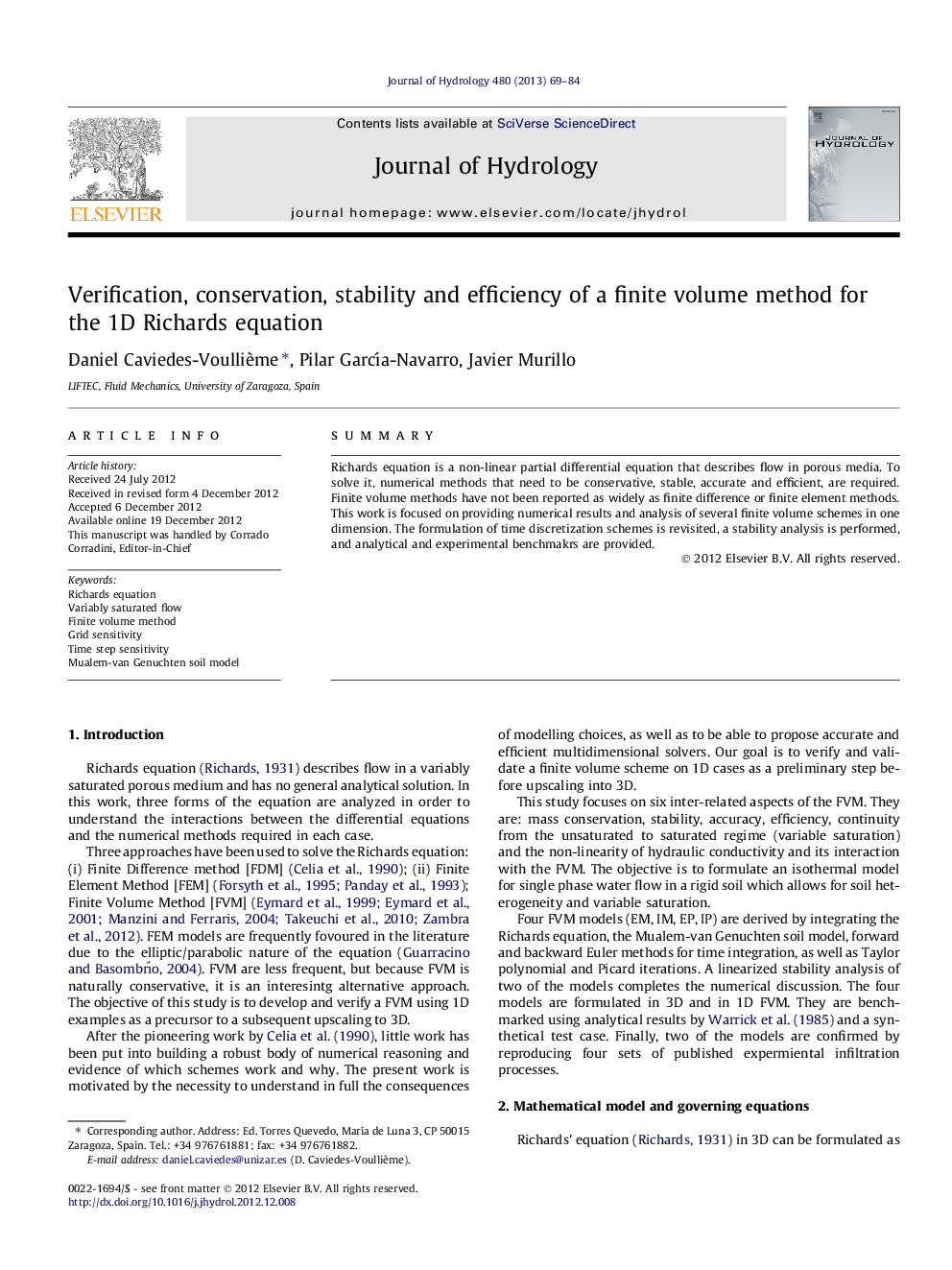 Verification, conservation, stability and efficiency of a finite volume method for the 1D Richards equation