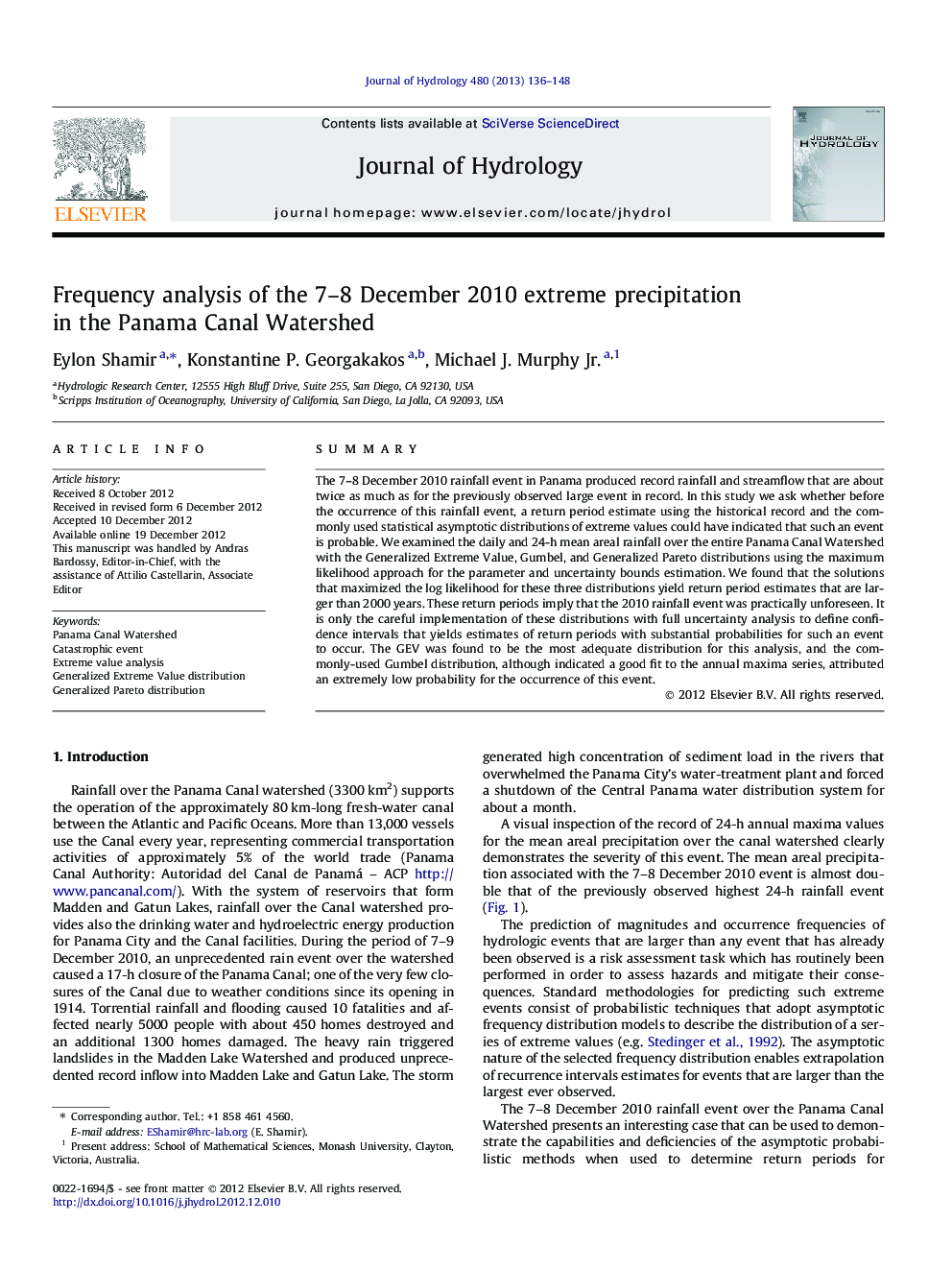 Frequency analysis of the 7–8 December 2010 extreme precipitation in the Panama Canal Watershed