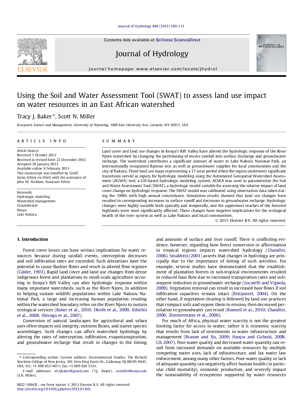 Using the Soil and Water Assessment Tool (SWAT) to assess land use impact on water resources in an East African watershed